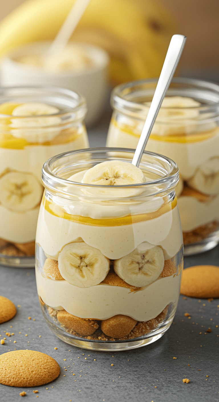 Three beautiful, layered Banana Pudding Jars showing the layers of pudding, bananas, and wafers.