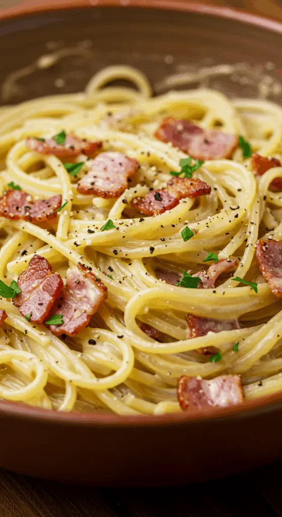 A large bowl of homemade, rich and Creamy Carbonara pasta.