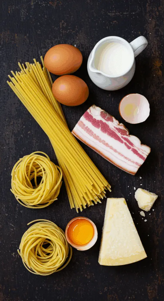 Ingredients for the rich and Creamy Carbonara recipe.