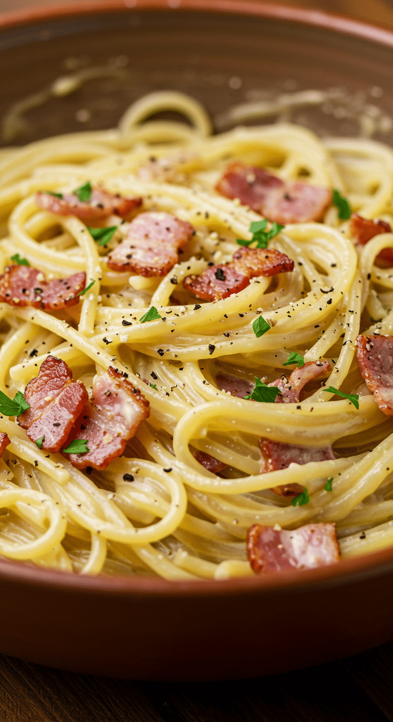 A large bowl of homemade, rich and Creamy Carbonara pasta.