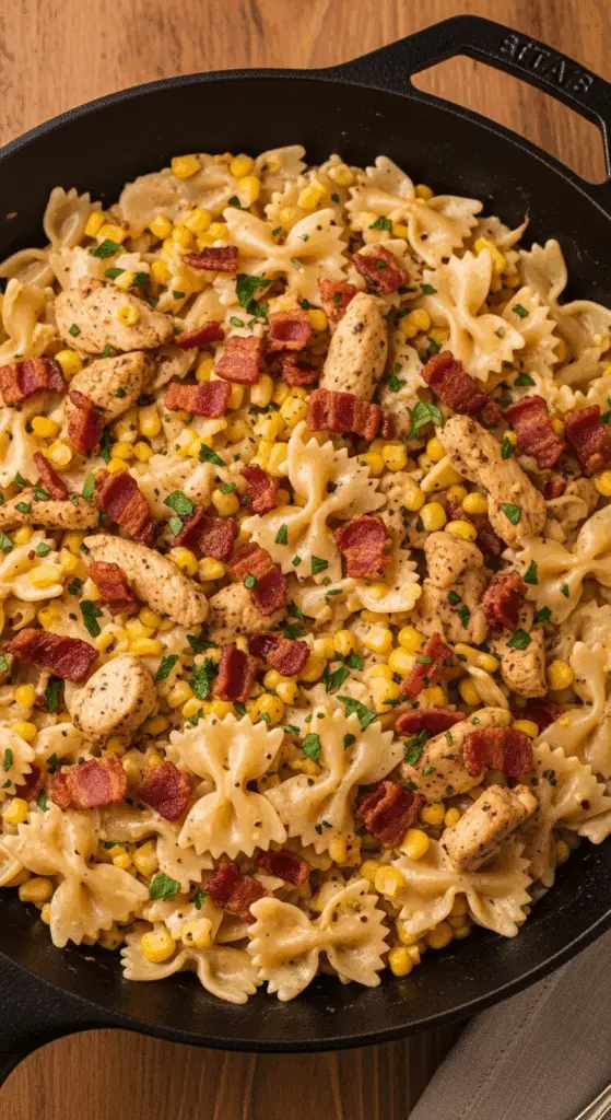A skillet of homemade Creamy Chicken and Corn Pasta with Bacon.