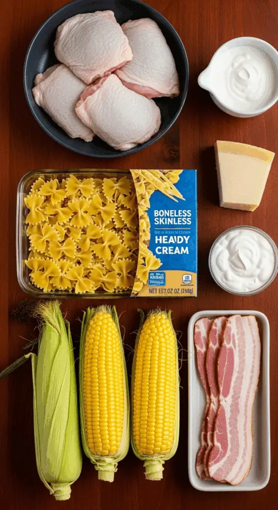 Ingredients for the Creamy Chicken and Corn Pasta recipe.