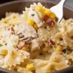 A delicious bowl of the finished Creamy Chicken and Corn Pasta.