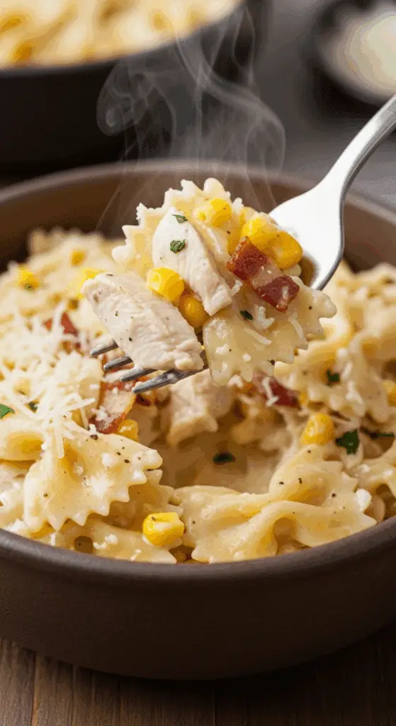A delicious bowl of the finished Creamy Chicken and Corn Pasta.