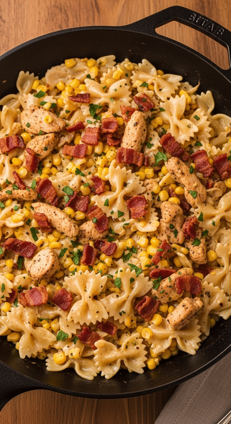 A skillet of homemade Creamy Chicken and Corn Pasta with Bacon.