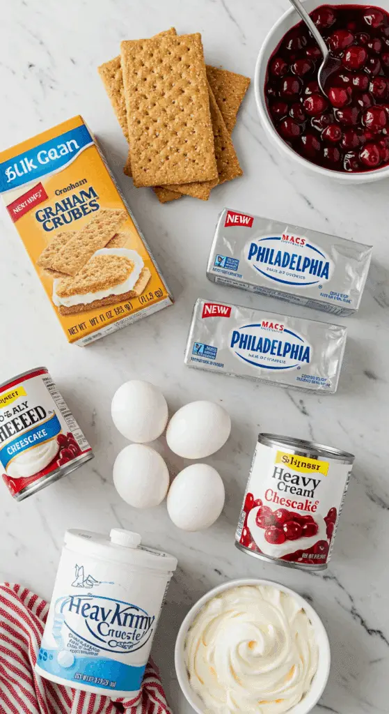 The simple, fresh ingredients for the easy No-Bake Cherry Cheesecake recipe.