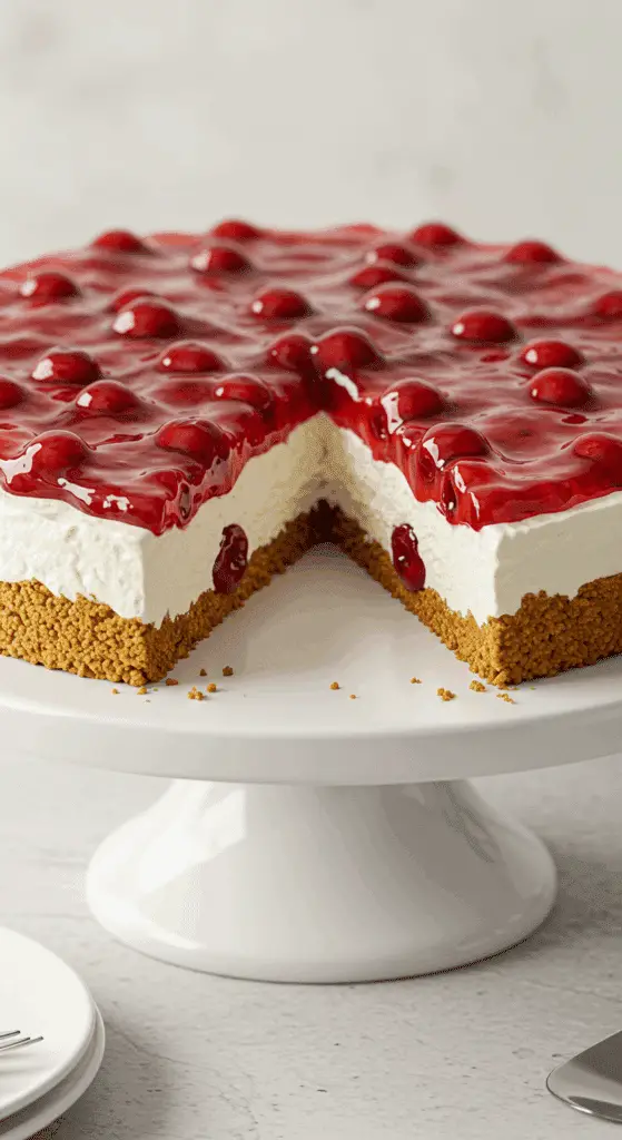 A beautiful, layered No-Bake Cherry Cheesecake on a cake stand with one perfect slice removed.