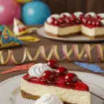 A perfect slice of No-Bake Cherry Cheesecake on a plate at a holiday celebration.