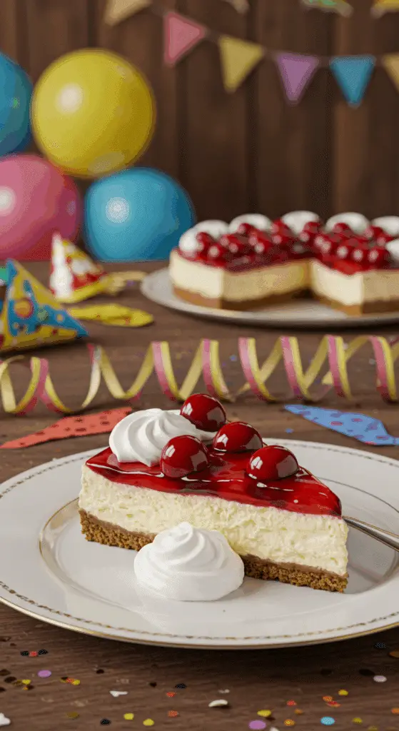 A perfect slice of No-Bake Cherry Cheesecake on a plate at a holiday celebration.