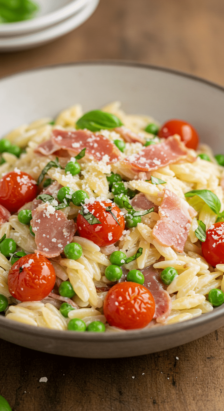 A bowl of homemade, one-pan Creamy Orzo with Prosciutto and Peas.