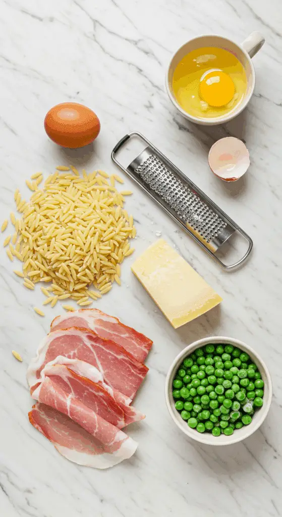 Ingredients for the Creamy Orzo with Prosciutto and Peas.