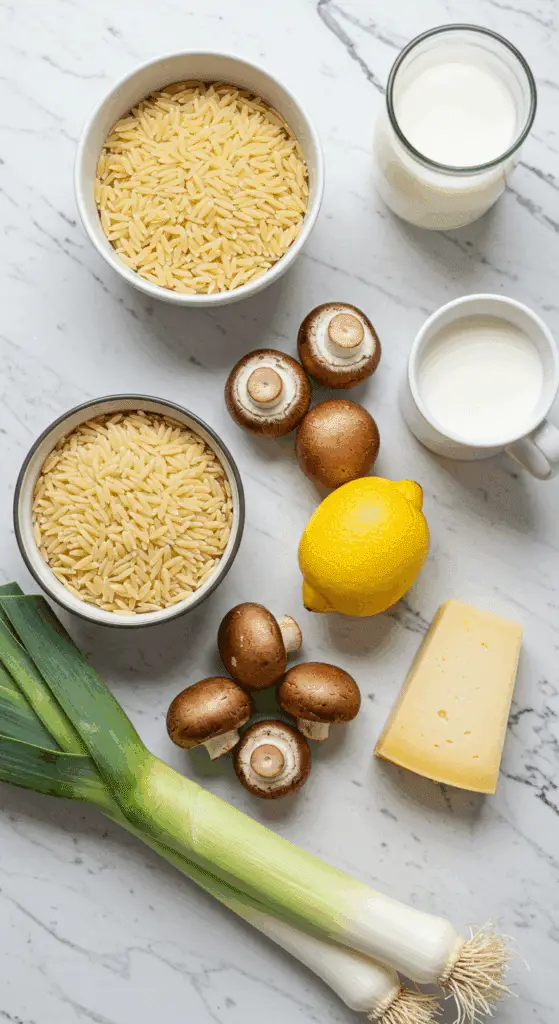 The fresh, simple ingredients for the Creamy Orzo with Mushrooms recipe laid out on a counter.