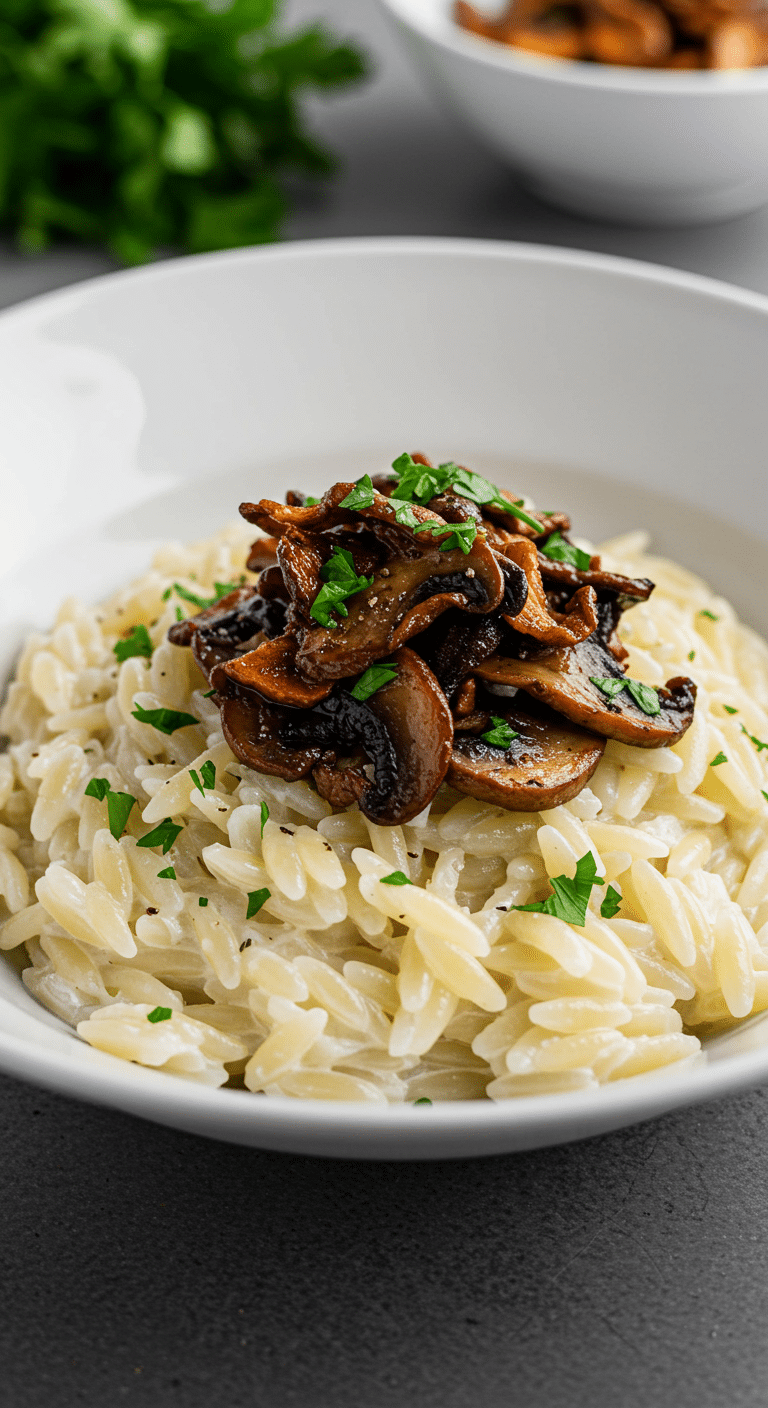 A beautiful bowl of Creamy Orzo with Mushrooms, highlighting the crispy mushrooms on top.