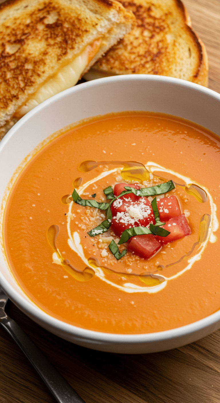 A warm bowl of homemade Creamy Tomato Soup served with a grilled cheese sandwich.