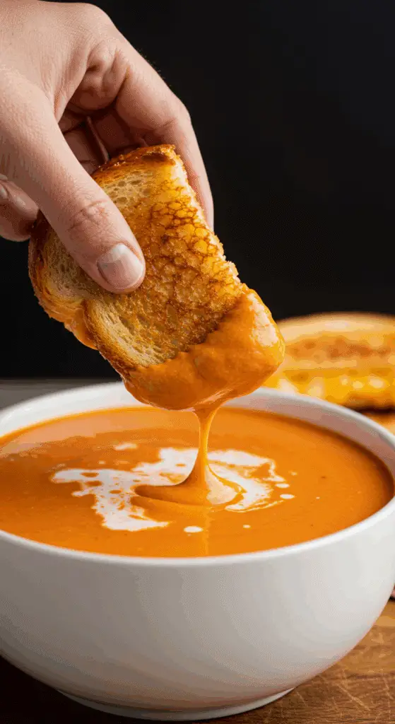 Dipping a grilled cheese sandwich into a bowl of Creamy Tomato Soup.