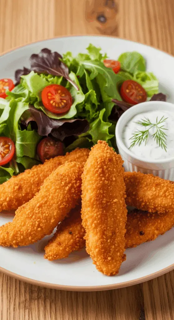 A plate of homemade Crispy Chicken Strips with a side salad and dipping sauce.