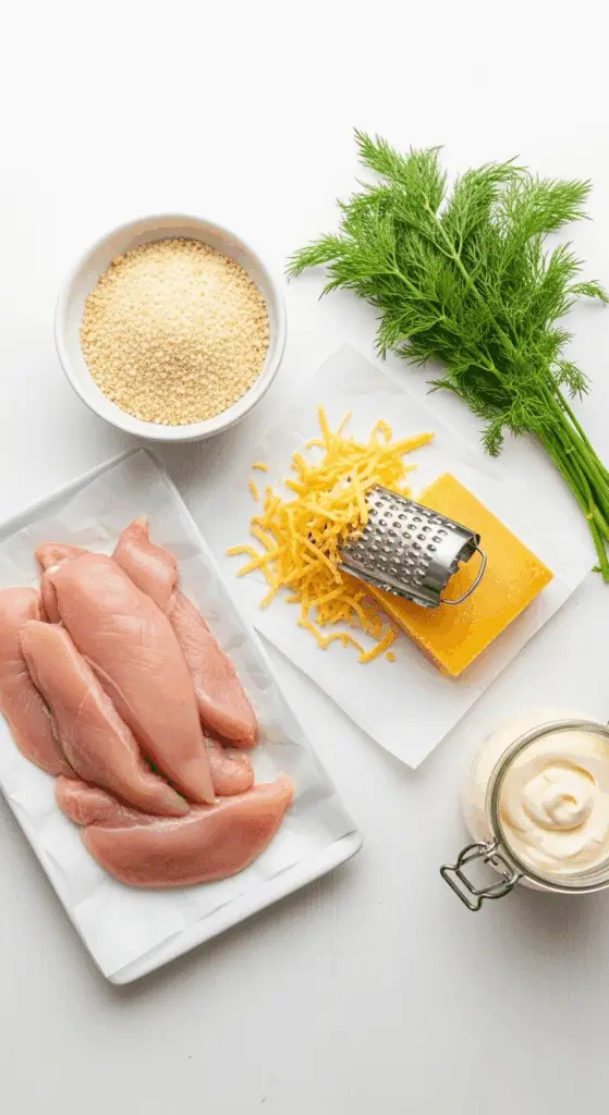 Ingredients for the homemade Crispy Chicken Strips and dill sauce.
