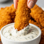 Dipping a finished Crispy Chicken Strip into the homemade dill sauce.