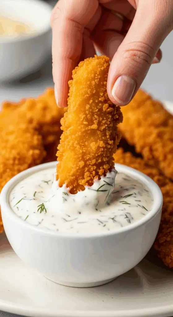 Dipping a finished Crispy Chicken Strip into the homemade dill sauce.