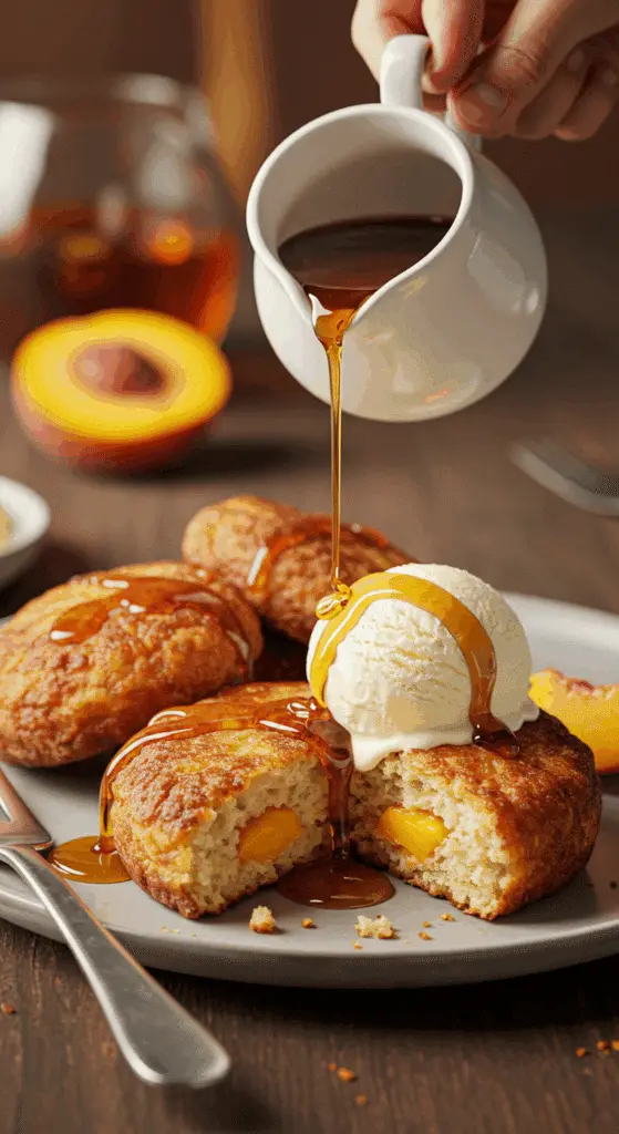 Three warm, golden-brown homemade Peach Fritters being drizzled with bourbon syrup, with a scoop of vanilla ice cream.