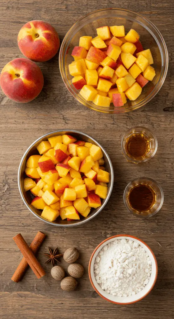 The simple, fresh ingredients for the homemade Peach Fritters and bourbon syrup.