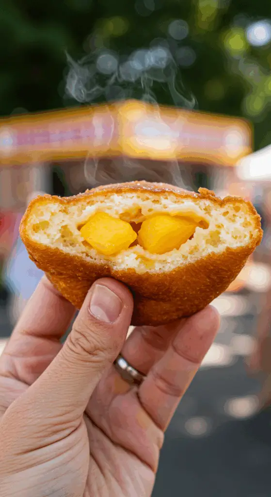 A hand holding a warm, fluffy homemade Peach Fritter broken in half to show the inside.