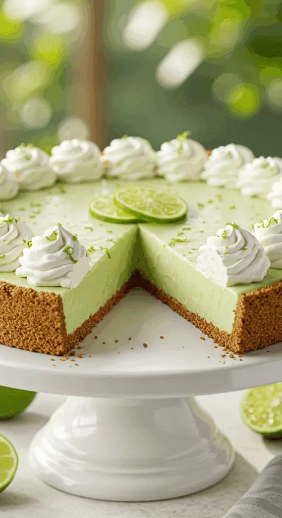 A beautiful and creamy Key Lime Pie with a slice removed, topped with whipped cream and lime slices.
