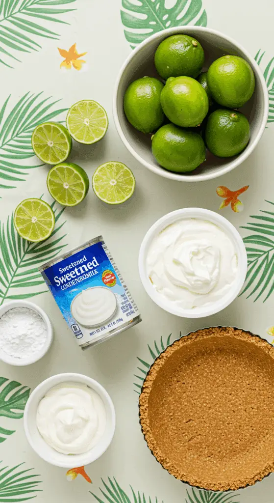 The simple, fresh ingredients for the easy Key Lime Pie recipe, including Key limes and condensed milk.