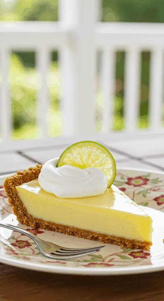 A perfect slice of Key Lime Pie with whipped cream being enjoyed on a sunny day.