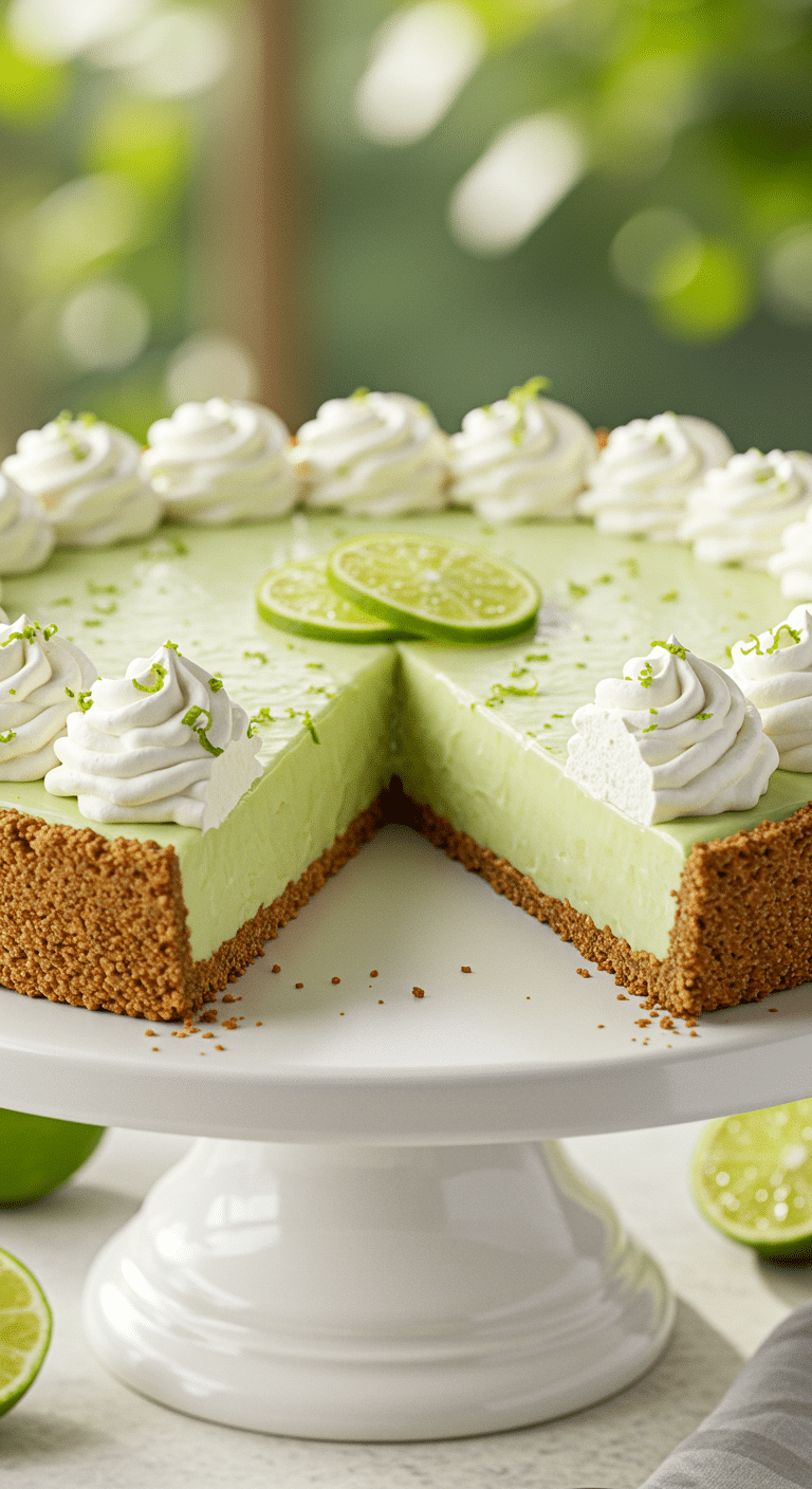 A beautiful and creamy Key Lime Pie with a slice removed, topped with whipped cream and lime slices.