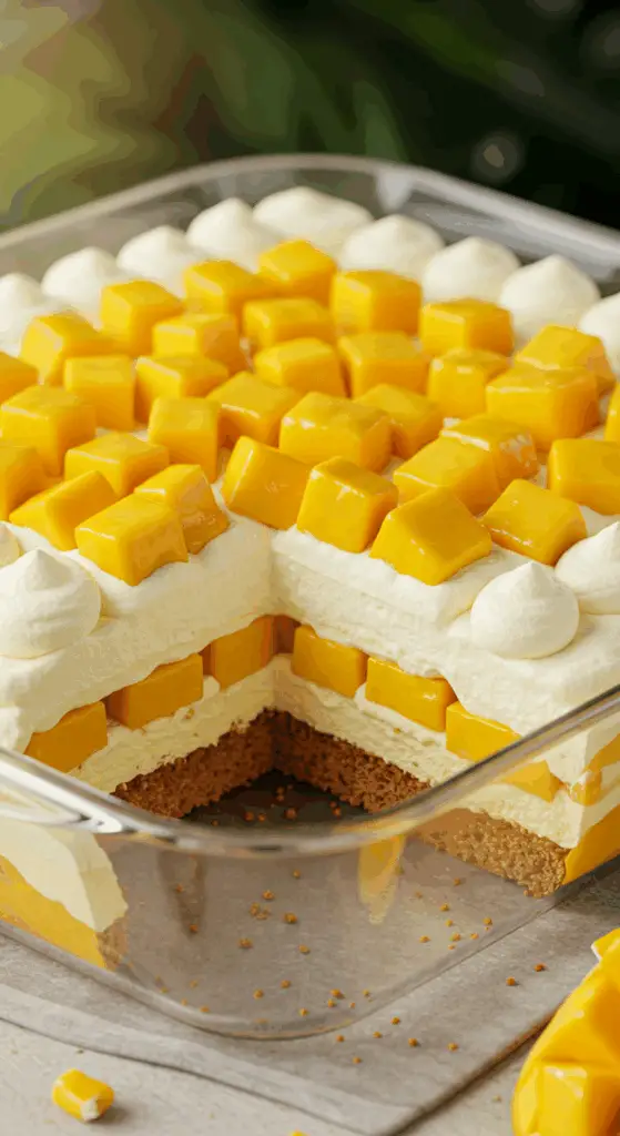A beautiful, layered Mango Tiramisu in a glass dish with one perfect slice removed to show the layers.