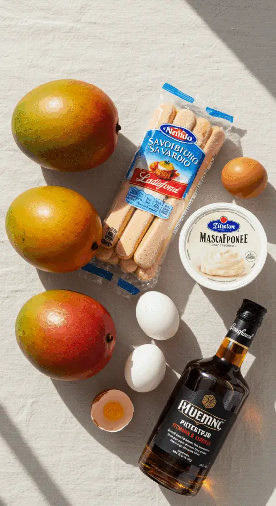The fresh, high-quality ingredients for the Mango Tiramisu recipe, including mangoes and mascarpone.