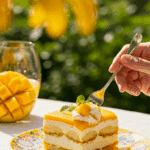 An elegant slice of Mango Tiramisu being enjoyed at a summer garden party.