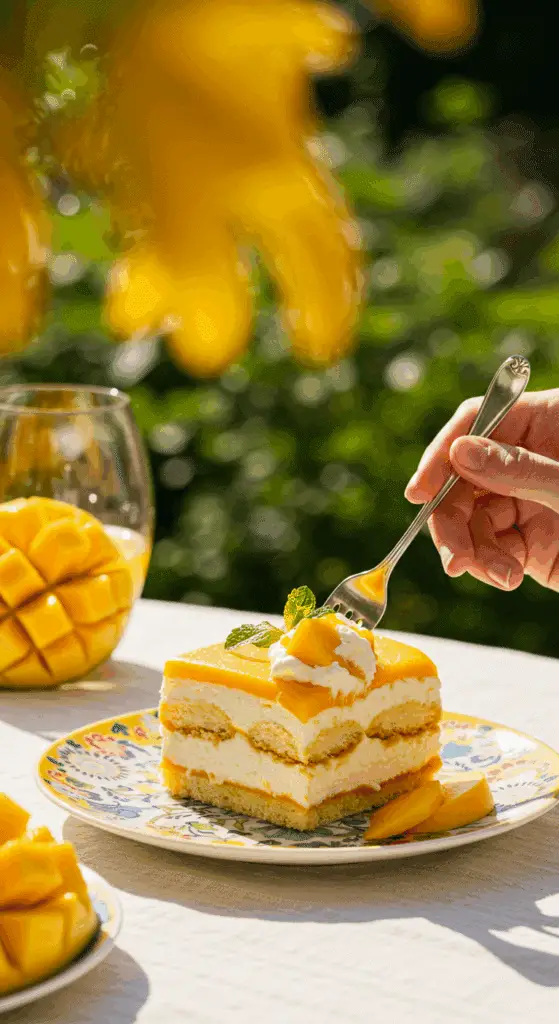 An elegant slice of Mango Tiramisu being enjoyed at a summer garden party.