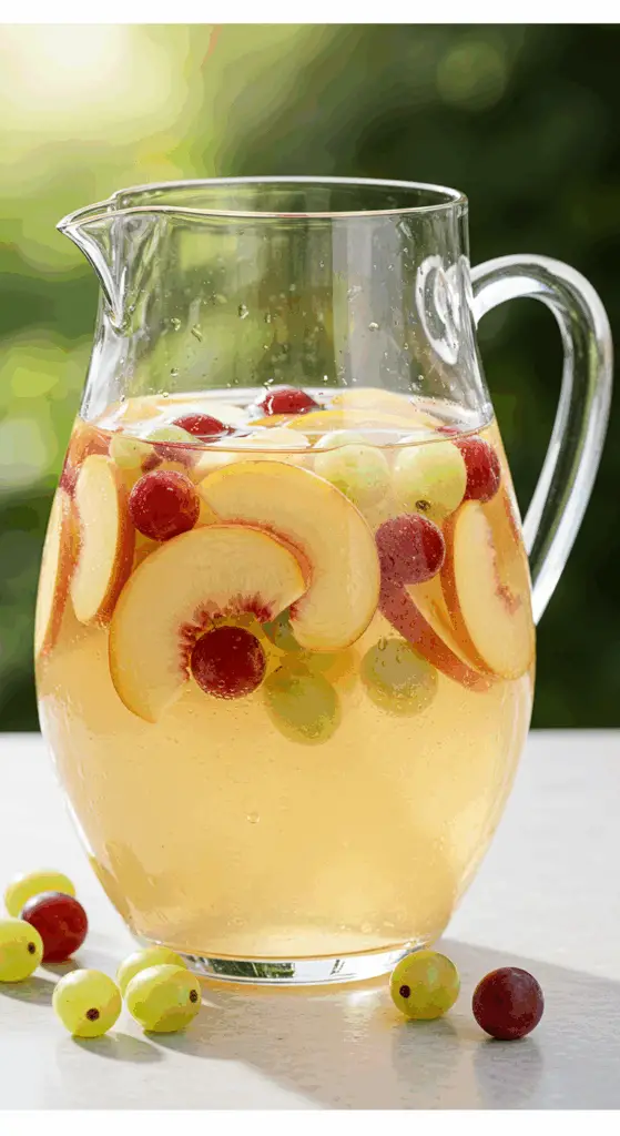 A large, beautiful glass pitcher of refreshing White Peach Sangria, filled with fresh peaches and grapes.