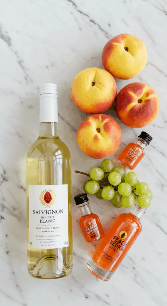 The fresh, simple ingredients for the White Peach Sangria recipe, including white wine, peaches, and grapes.