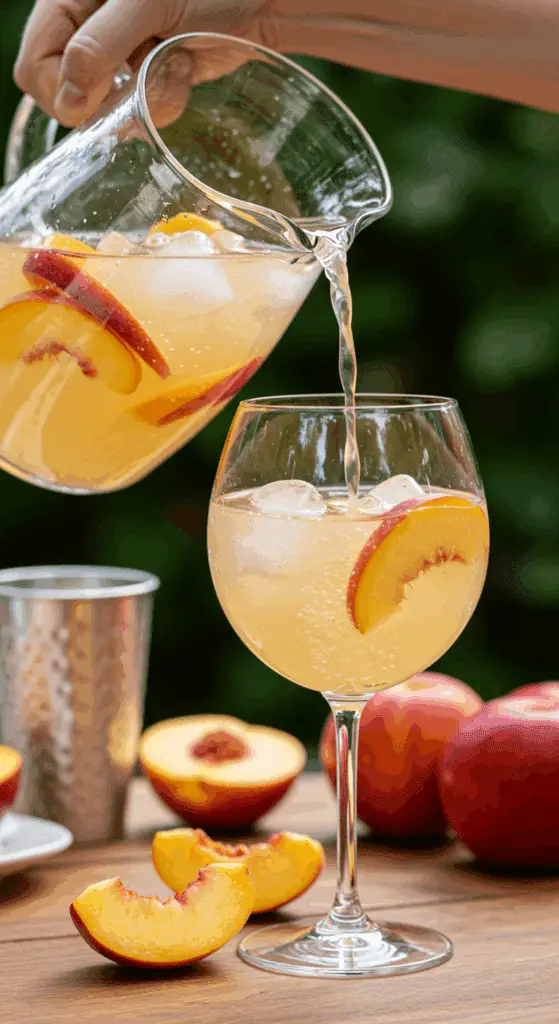 Pouring a glass of refreshing White Peach Sangria from a pitcher at a summer party.