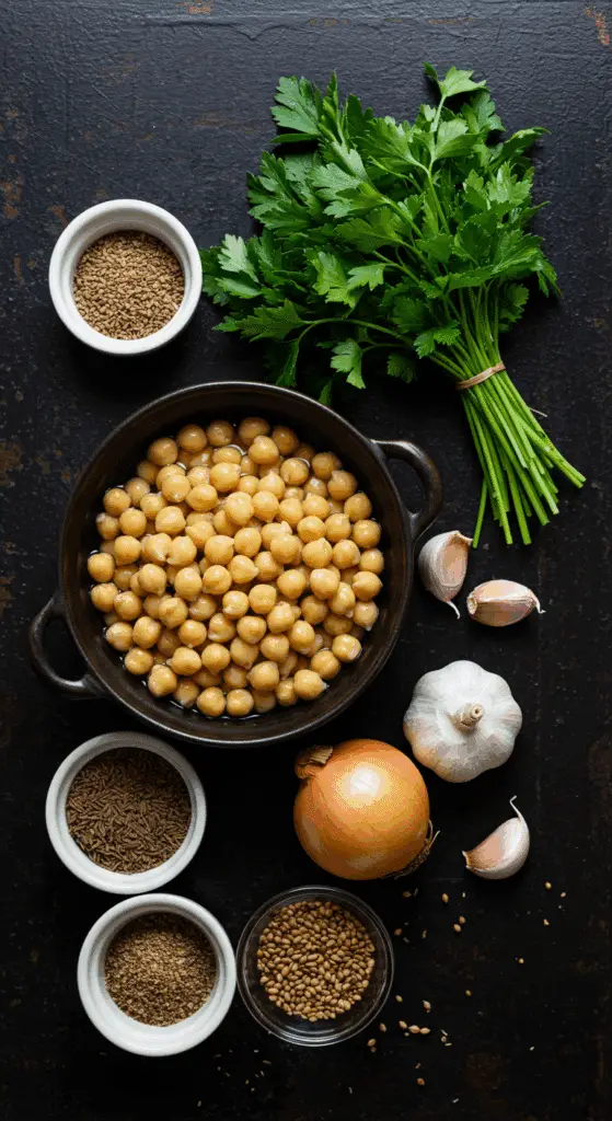 Ingredients for making the authentic falafel burger patties.