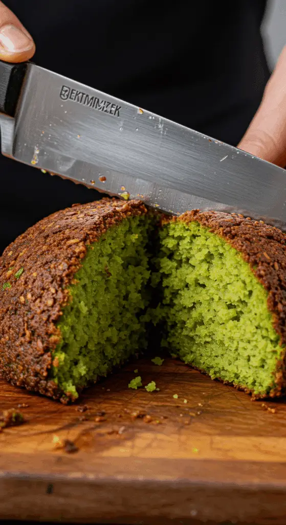 A Falafel Burger cut in half to show the fluffy green interior.