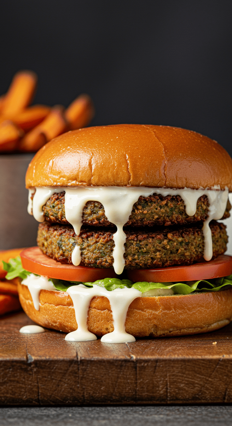 A delicious, homemade, crispy Falafel Burger with all the toppings.