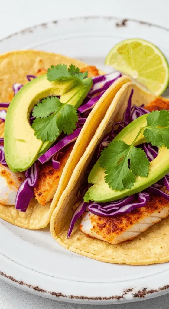 Two healthy, homemade baked Fish Tacos with fresh toppings on a plate.
