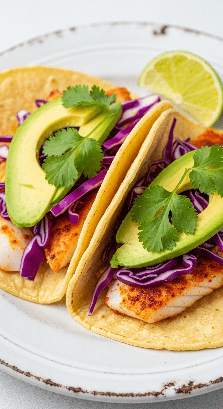Two healthy, homemade baked Fish Tacos with fresh toppings on a plate.