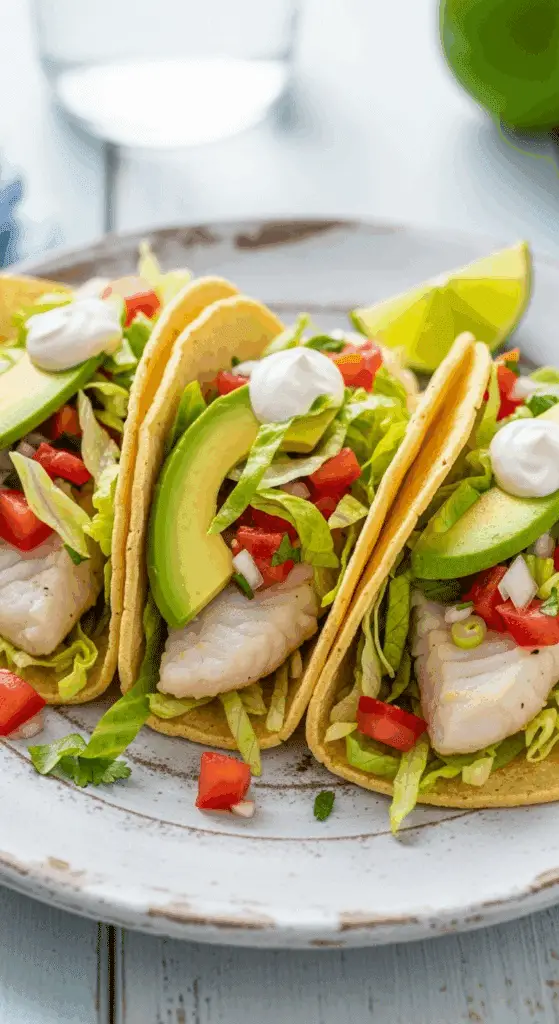Three fresh and healthy homemade Fish Tacos on a plate.