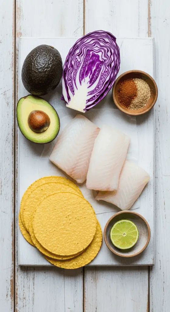 Fresh ingredients for the easy baked Fish Tacos recipe.