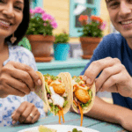 Two hands holding finished, homemade Fish Tacos.