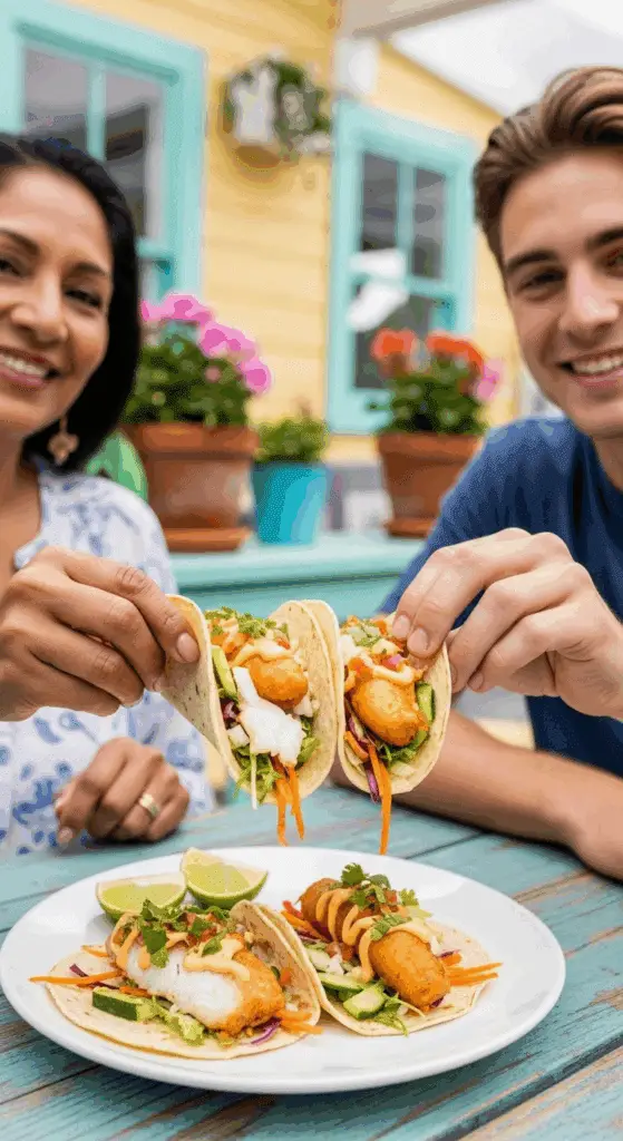 Two hands holding finished, homemade Fish Tacos.