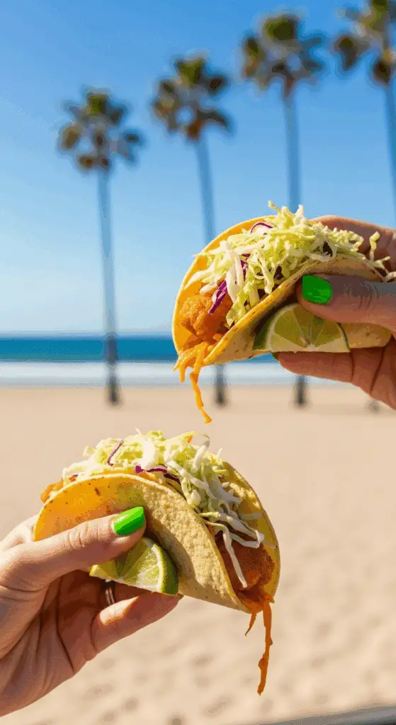 Two hands holding delicious, freshly assembled Fish Tacos.