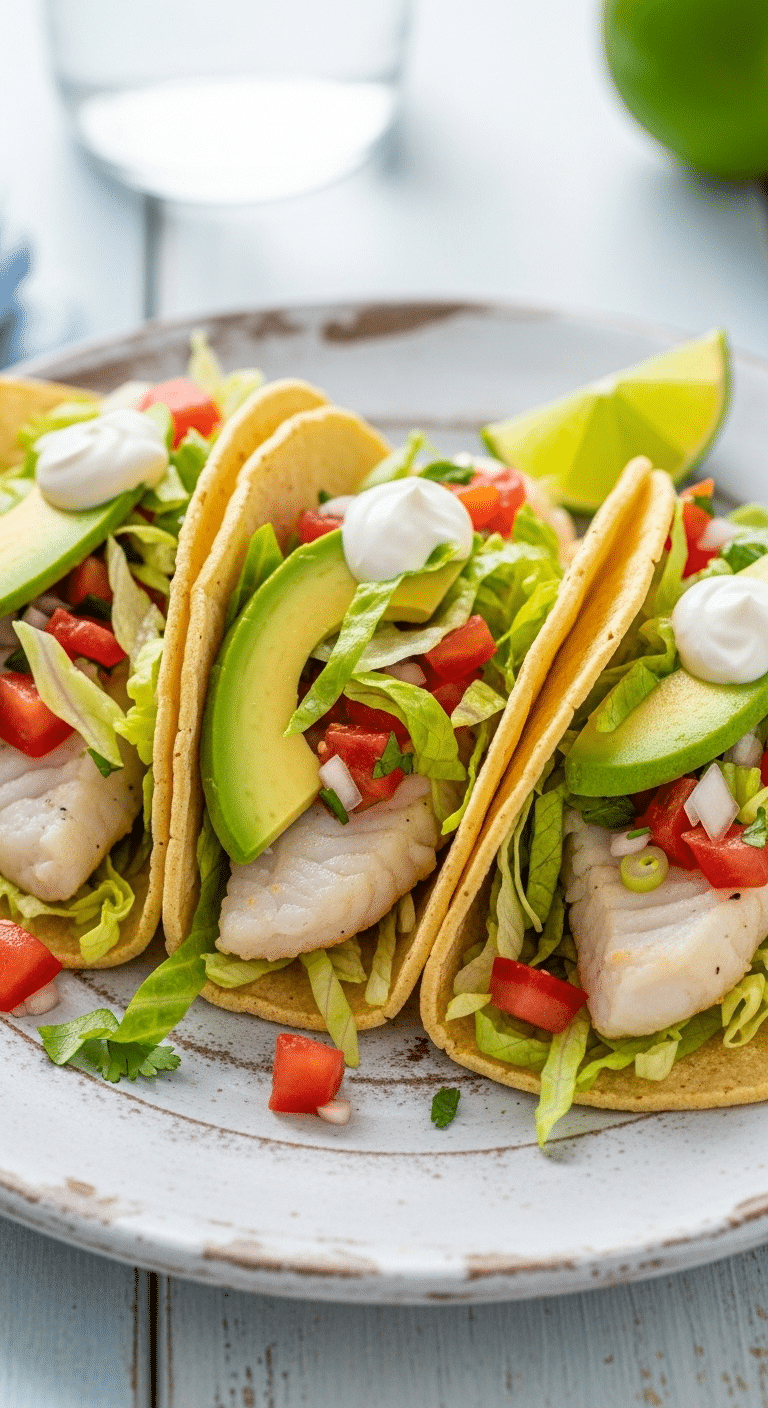 Three fresh and healthy homemade Fish Tacos on a plate.
