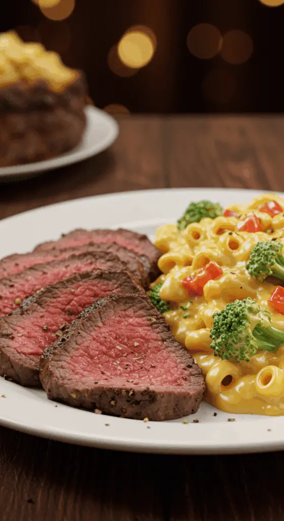 A delicious plate of sliced Flank Steak with Broccoli Mac and Cheese.