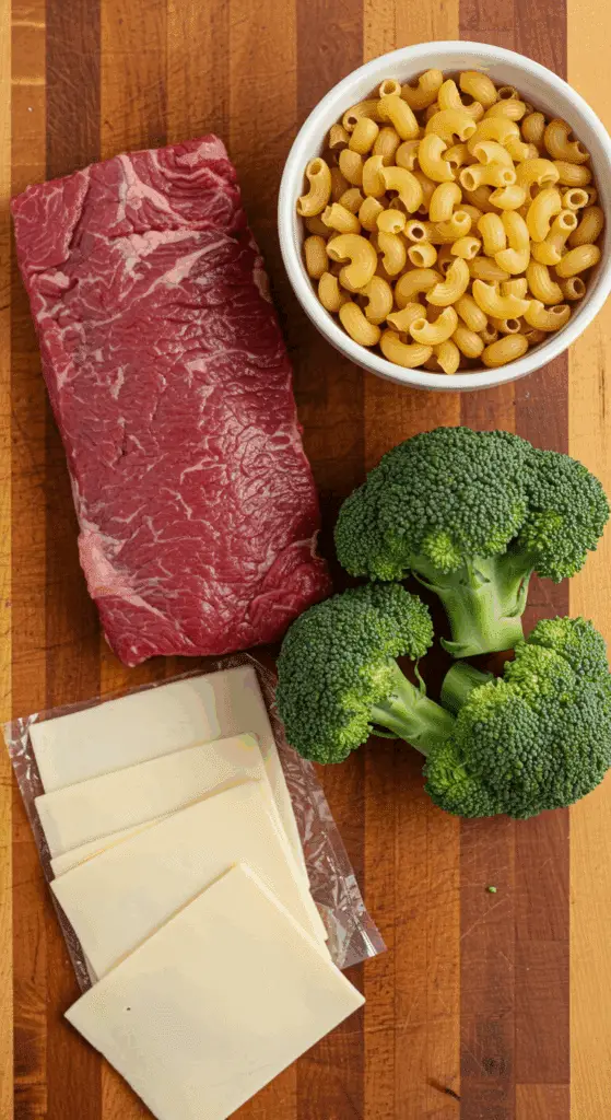 The simple, fresh ingredients for the Flank Steak with Broccoli Mac and Cheese recipe.